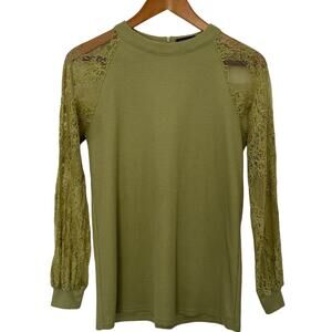 MIHOLL Olive Green Waffle Knit Top with Sheer Floral Lace Long Sleeve Size Small